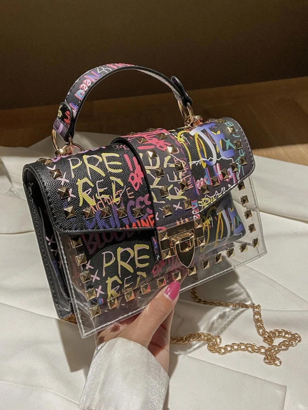 Kohl's Black Multicolor Graffiti Clear-Trim Top-Handle Mini Bag